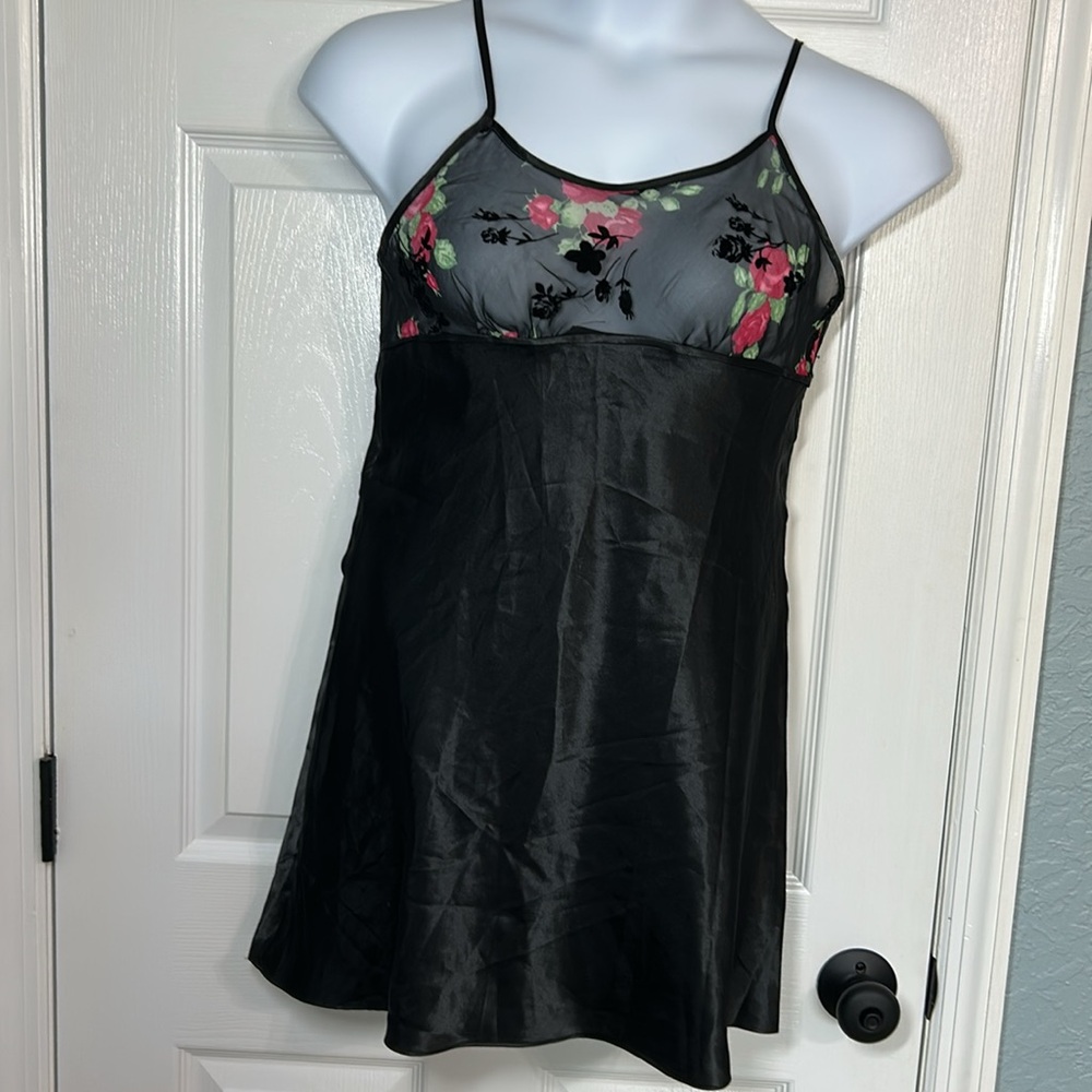 Y2K Black Floral Rose Lingerie Mini Slip Dress Women’s Size Medium
